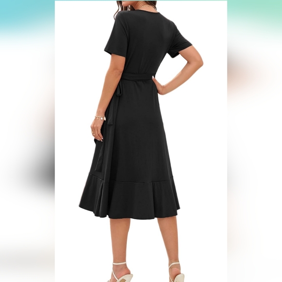 NWT Women's Large V-neck Wrap Dress short sleeve tie waist midi flowy dress - Picture 3 of 12